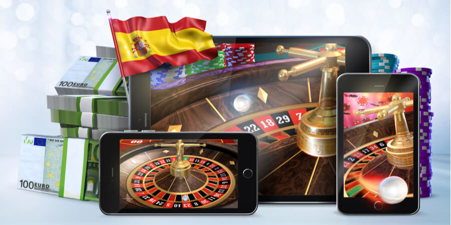 online casinos Spain flag with roulette and stacks of Euro