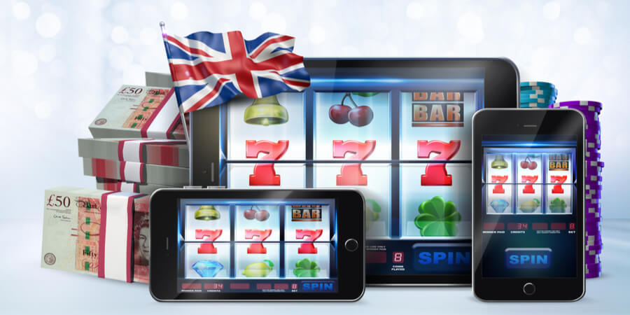 best online casinos UK with slot machines flag and stacks of money